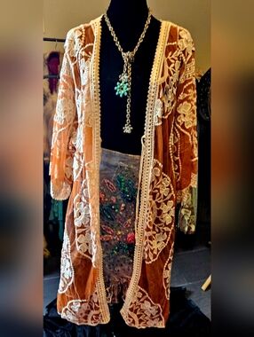 Ana & Rose Luxe Embroidered Lace Duster Cardigan - Burnt Orange / Rust, Large